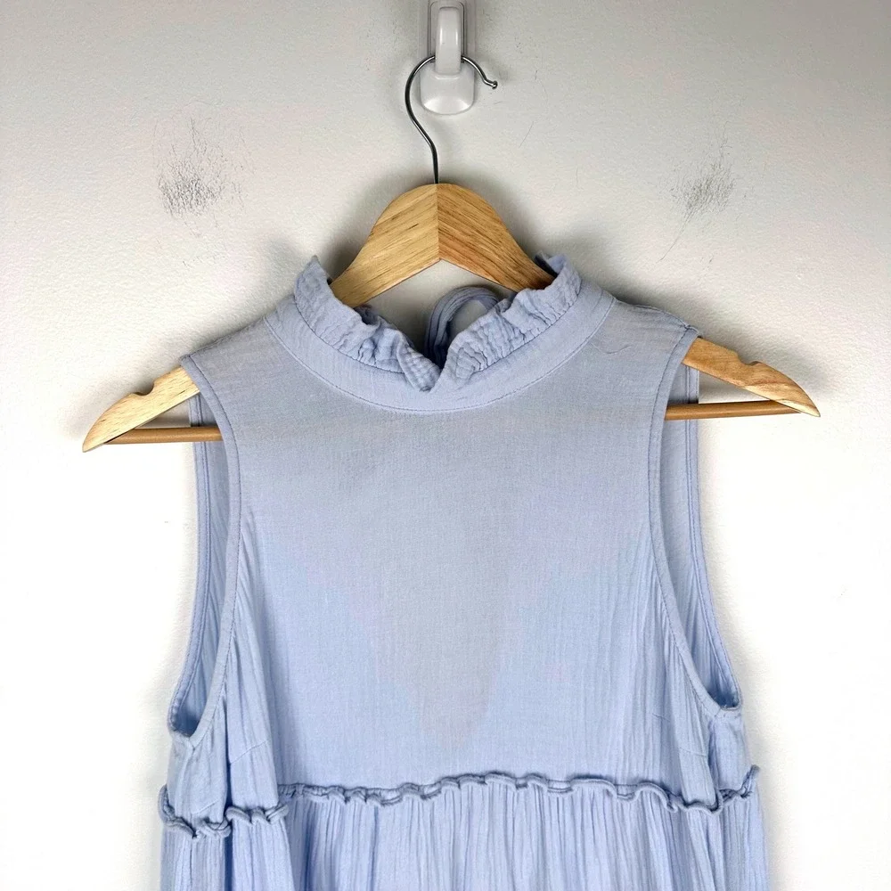 Pomander Place Pale Blue High Neck Tiered Gauze Morgan Mini Dress Small